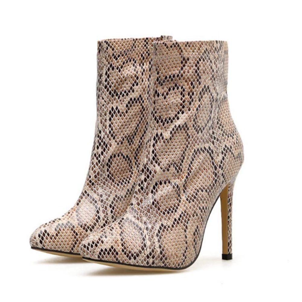 Botas Femininas Com Zíper Lateral Salto Agulha Bico Fino Serpentina