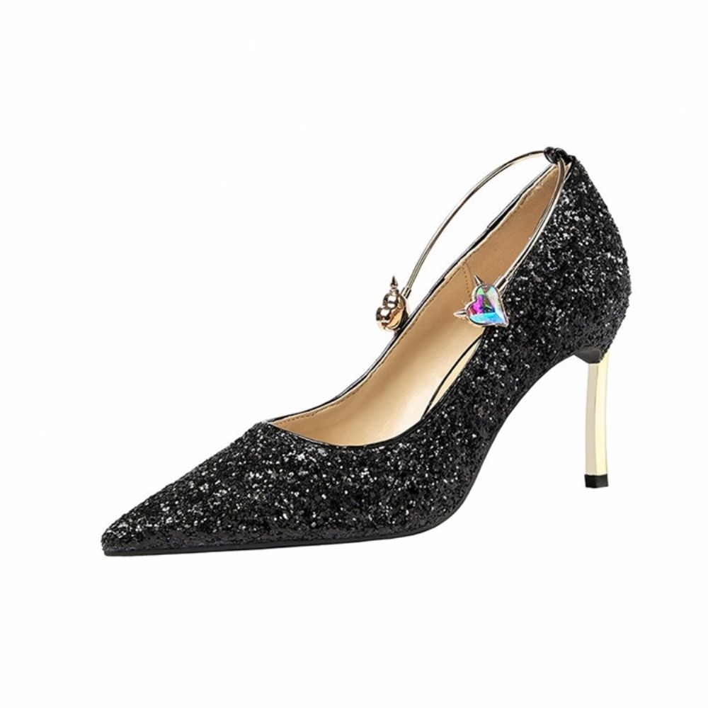 Sapatos Femininos Com Salto Agulha De Lantejoulas Com Corte Baixo E Salto Baixo