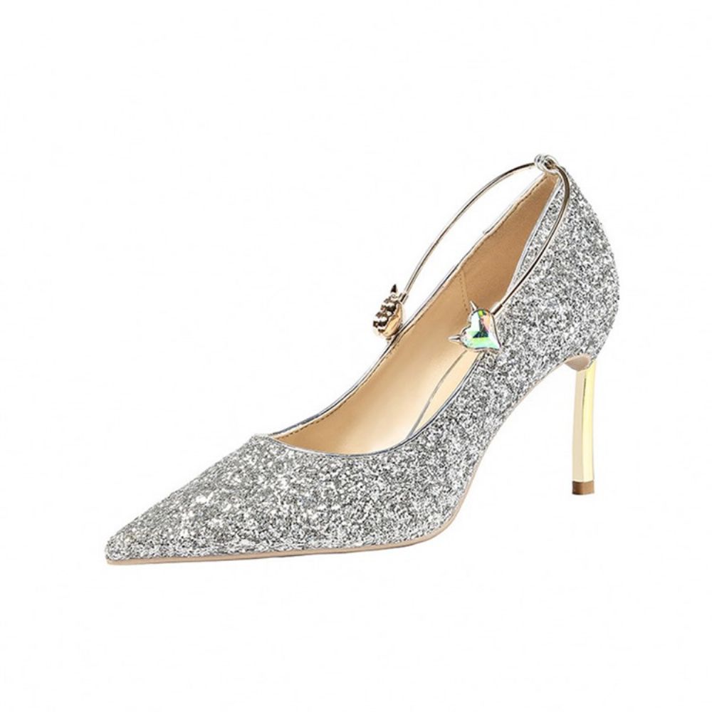 Sapatos Femininos Com Salto Agulha De Lantejoulas Com Corte Baixo E Salto Baixo