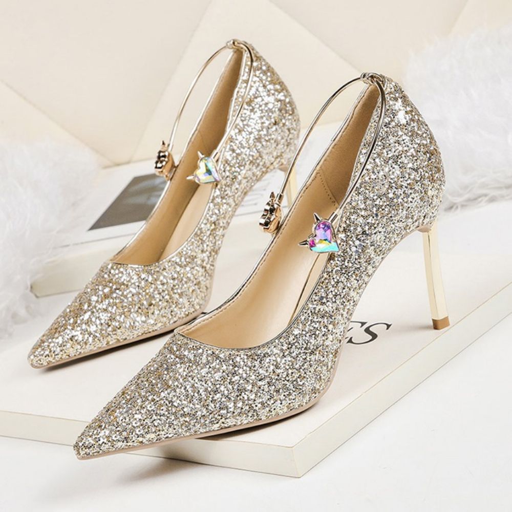 Sapatos Femininos Com Salto Agulha De Lantejoulas Com Corte Baixo E Salto Baixo