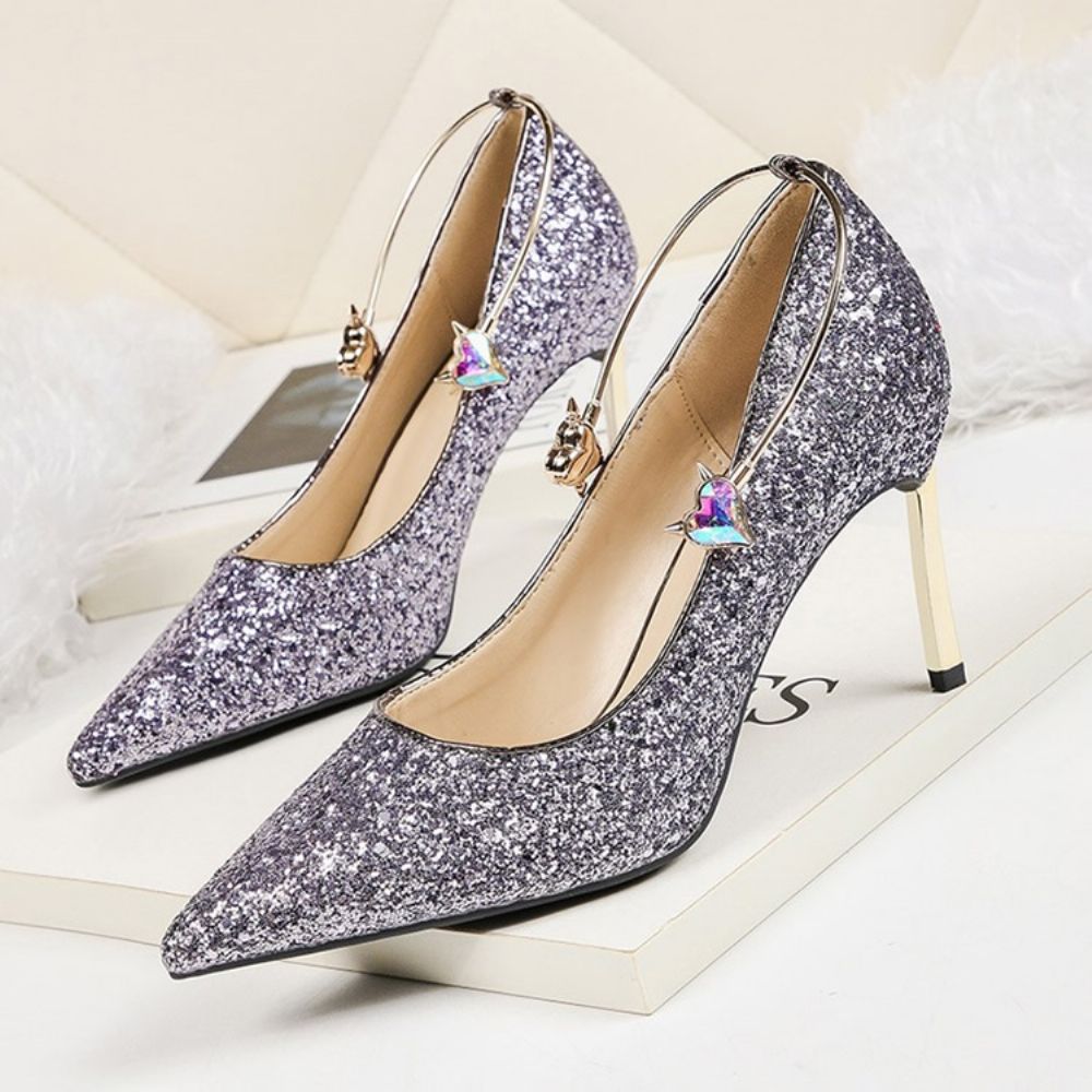 Sapatos Femininos Com Salto Agulha De Lantejoulas Com Corte Baixo E Salto Baixo