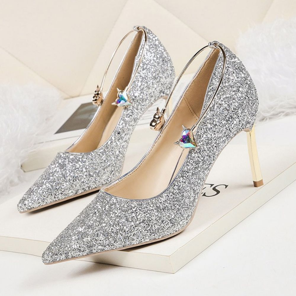 Sapatos Femininos Com Salto Agulha De Lantejoulas Com Corte Baixo E Salto Baixo