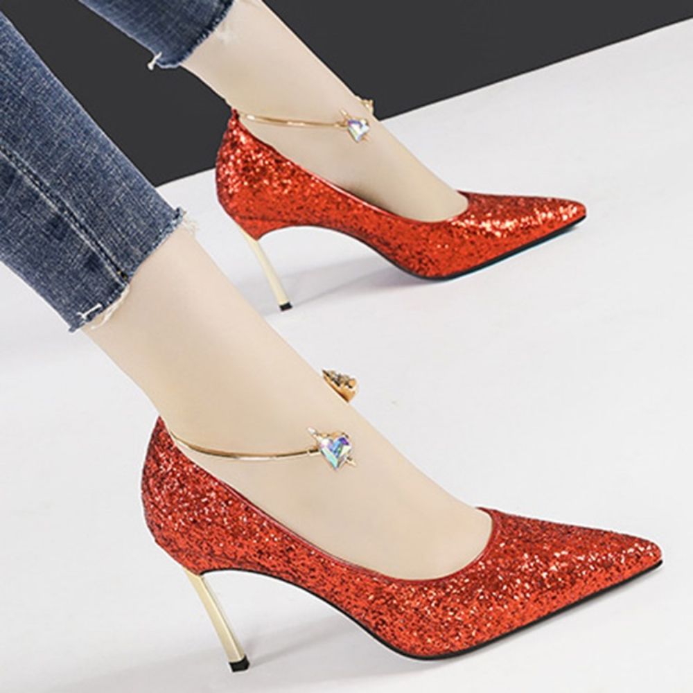 Sapatos Femininos Com Salto Agulha De Lantejoulas Com Corte Baixo E Salto Baixo