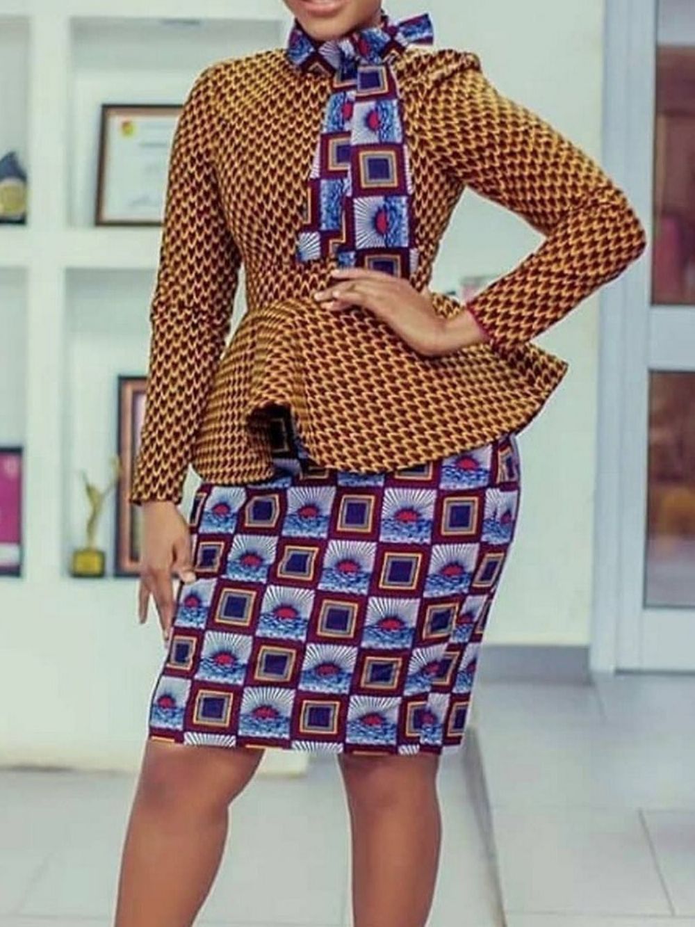 Conjuntos De Duas Peças Estampado Bodycon Office Lady Slim E Saia