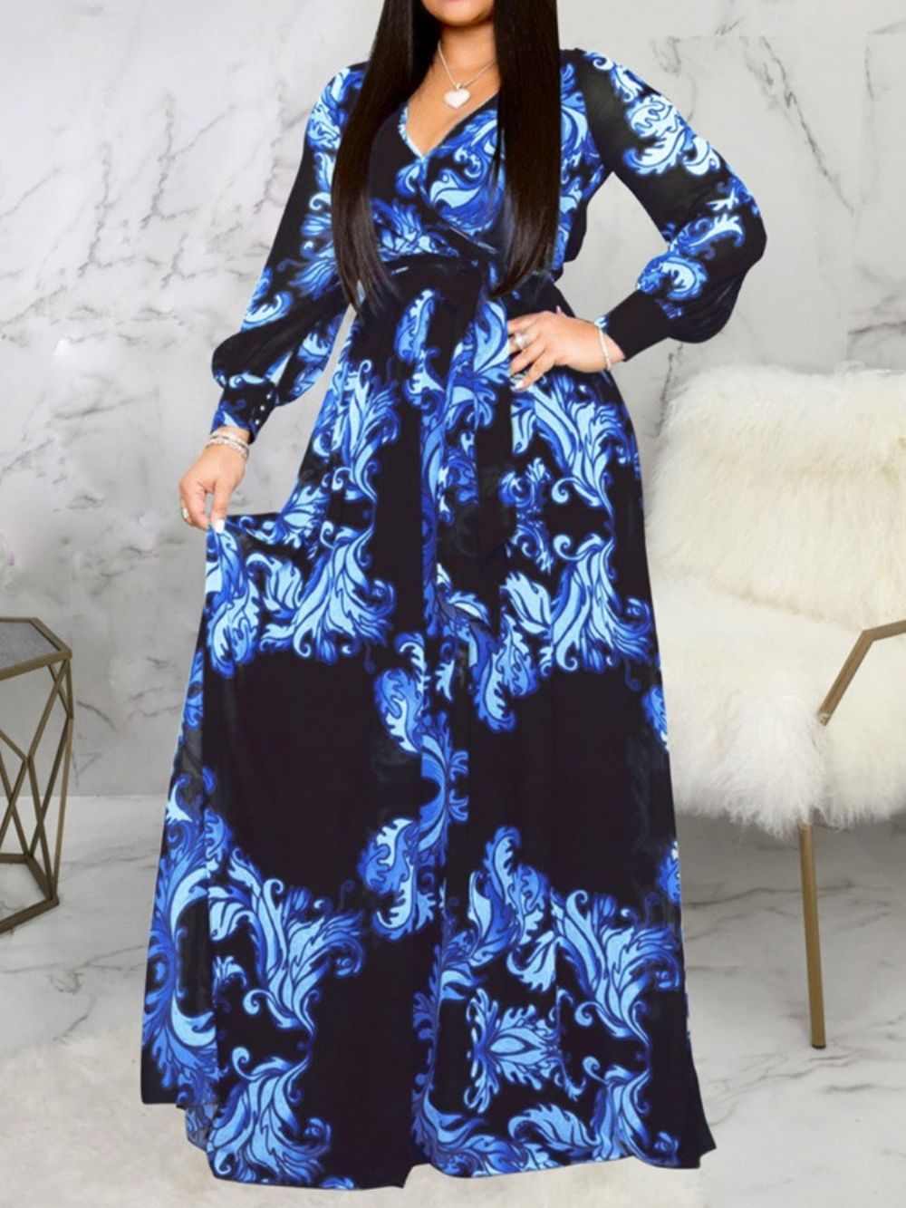 Vestido Feminino Manga Longa Gola V Com Decote Em V Cor Block