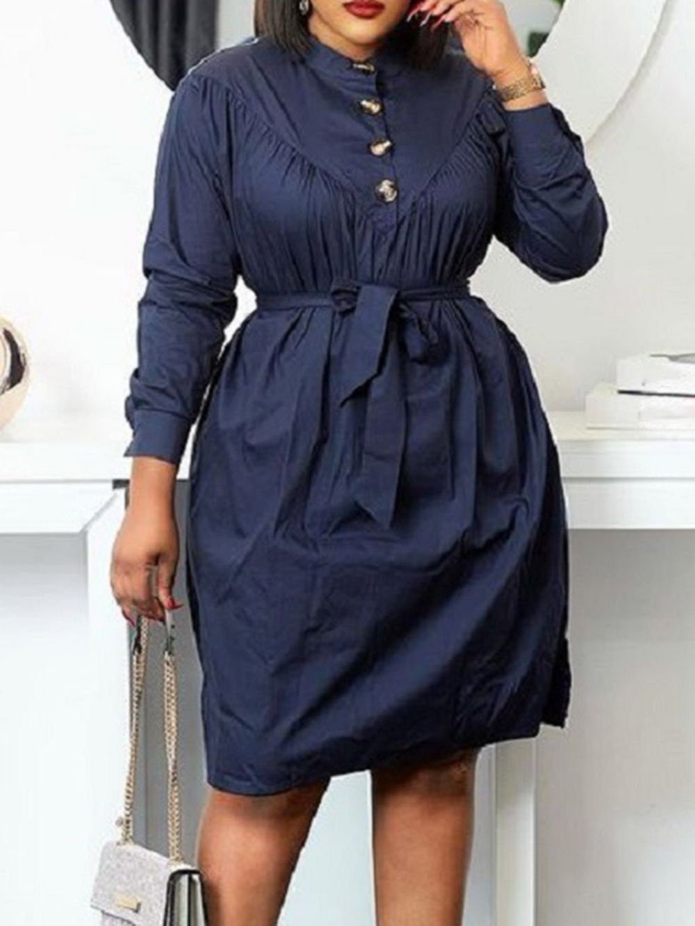 Vestido Liso De Linha A Com Gola De Cadarço E Manga Nove Pontos