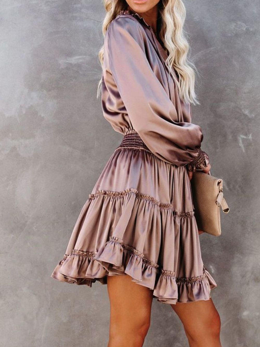 Vestido Pulôver De Verão Manga Longa Plissada Com Decote Em V
