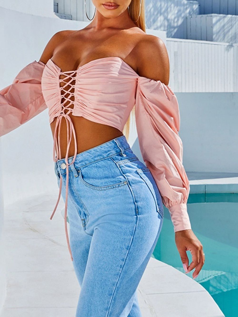 Blusa Feminina Lisa Com Amarração Ombro A Ombro Manga Longa