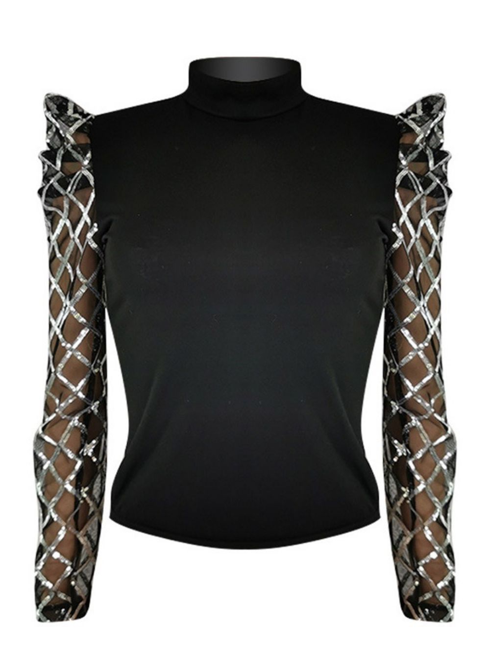 Blusa Padrão Manga Longa Gola Alta Com Lantejoulas