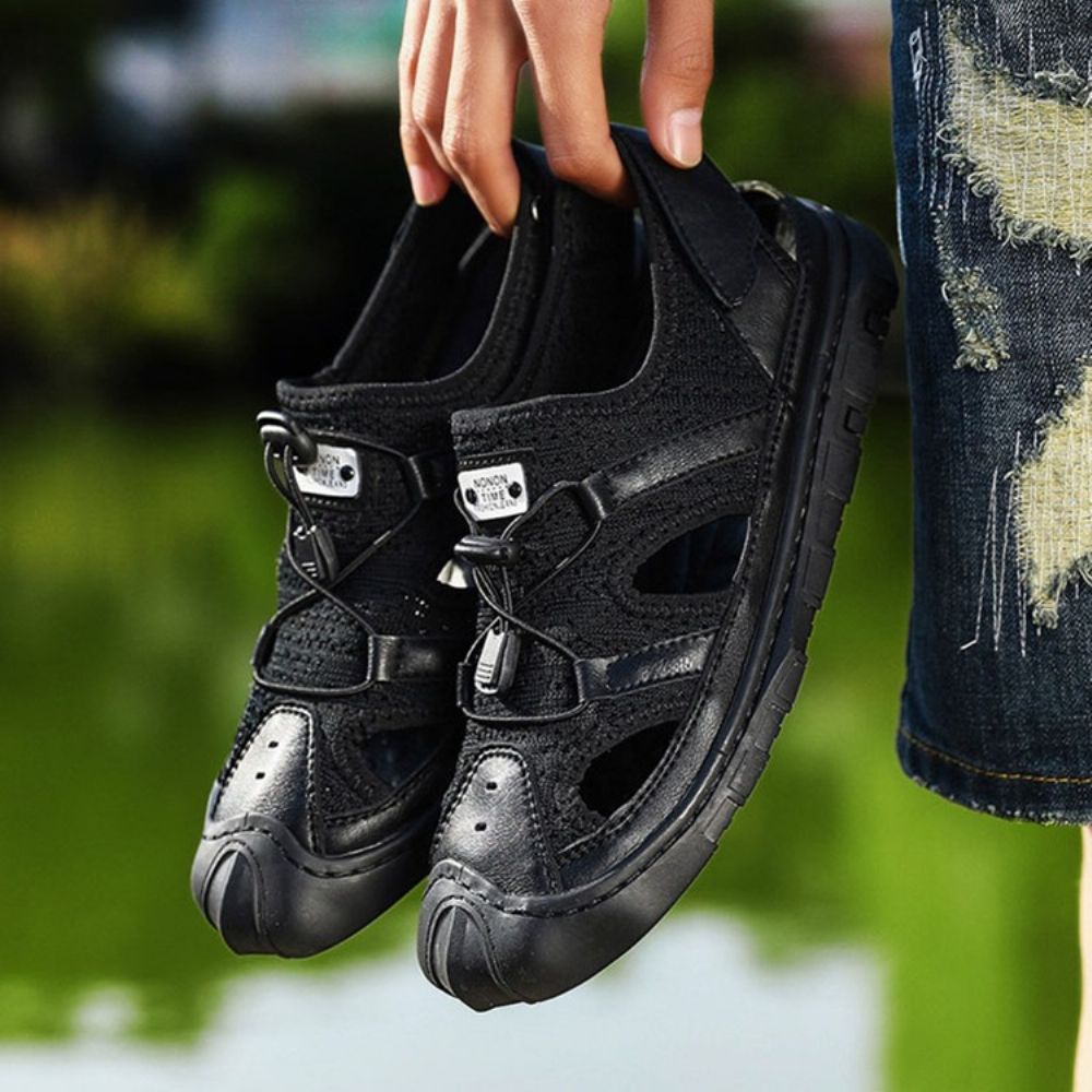 Sandálias Masculinas Patchwork Bico Redondo Com Velcro