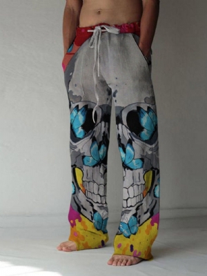 Calça Masculina Casual Estampada Com Cadarço Reta Com Cadarço