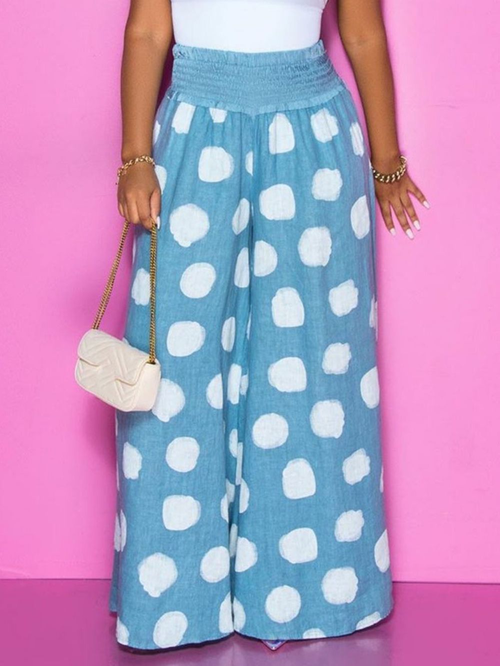 Calça Feminina Casual De Bolinhas Soltas De Comprimento Total Cintura Média