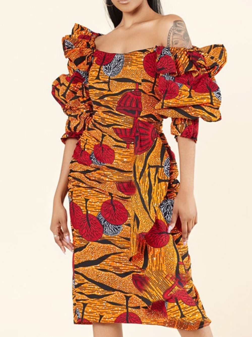 Vestido Feminino Sexy De Cintura Alta Com Manga Três Quartos Dividido