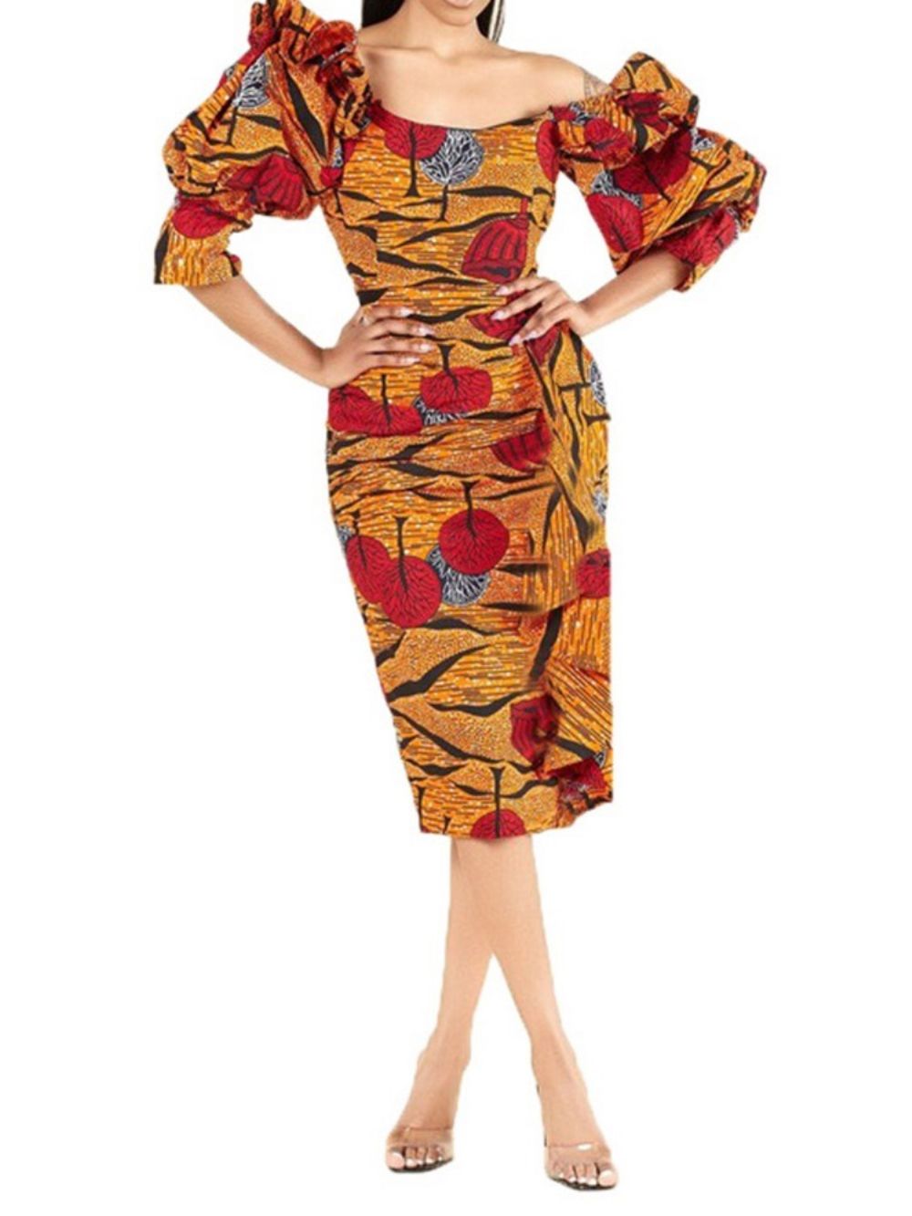 Vestido Feminino Sexy De Cintura Alta Com Manga Três Quartos Dividido