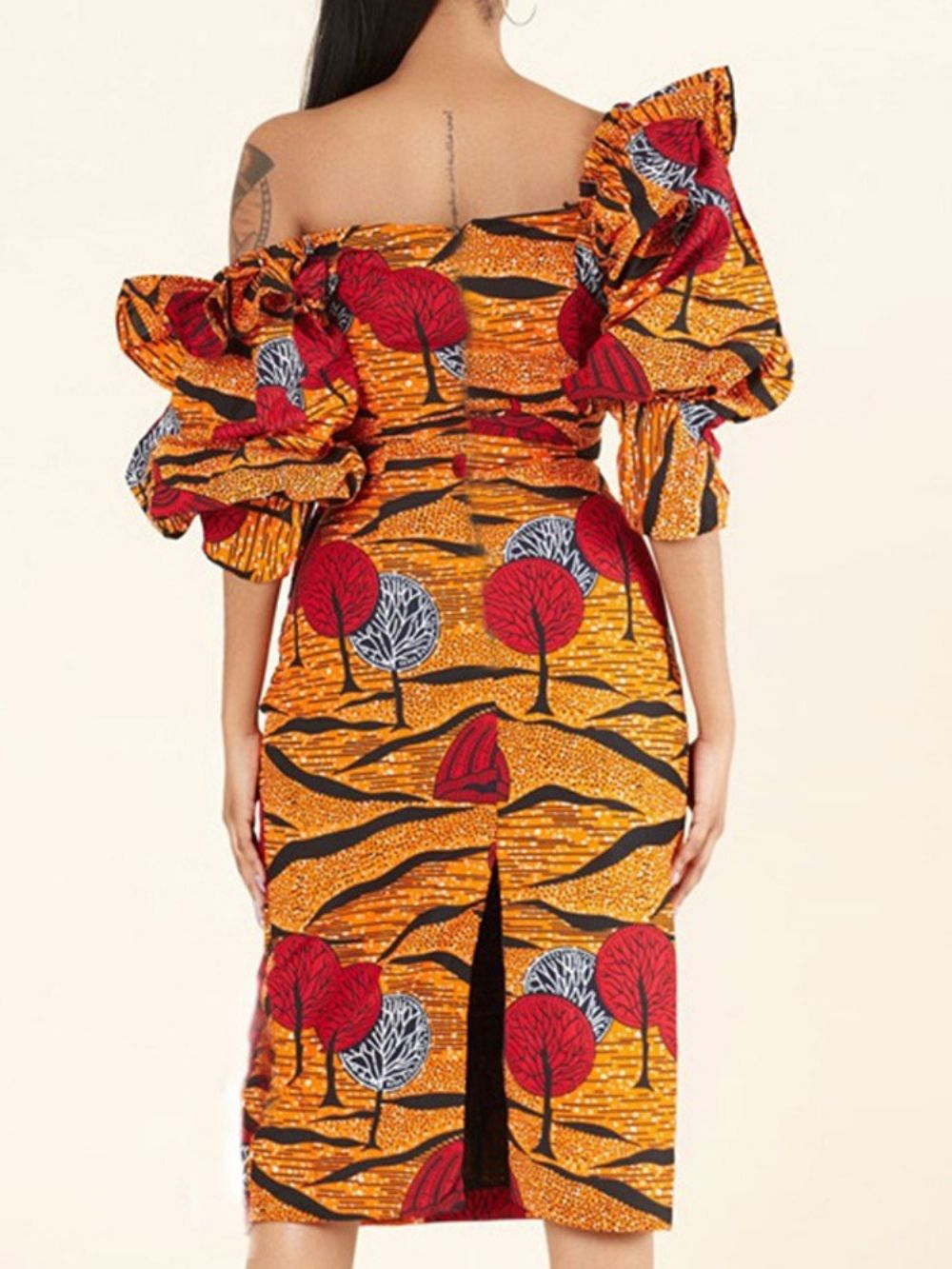 Vestido Feminino Sexy De Cintura Alta Com Manga Três Quartos Dividido