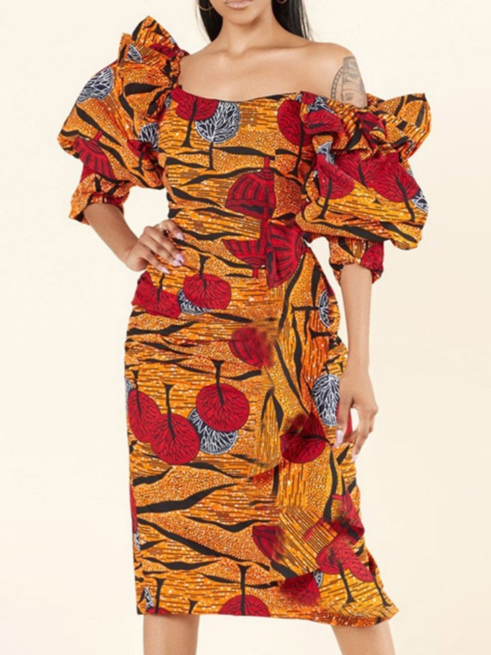 Vestido Feminino Sexy De Cintura Alta Com Manga Três Quartos Dividido