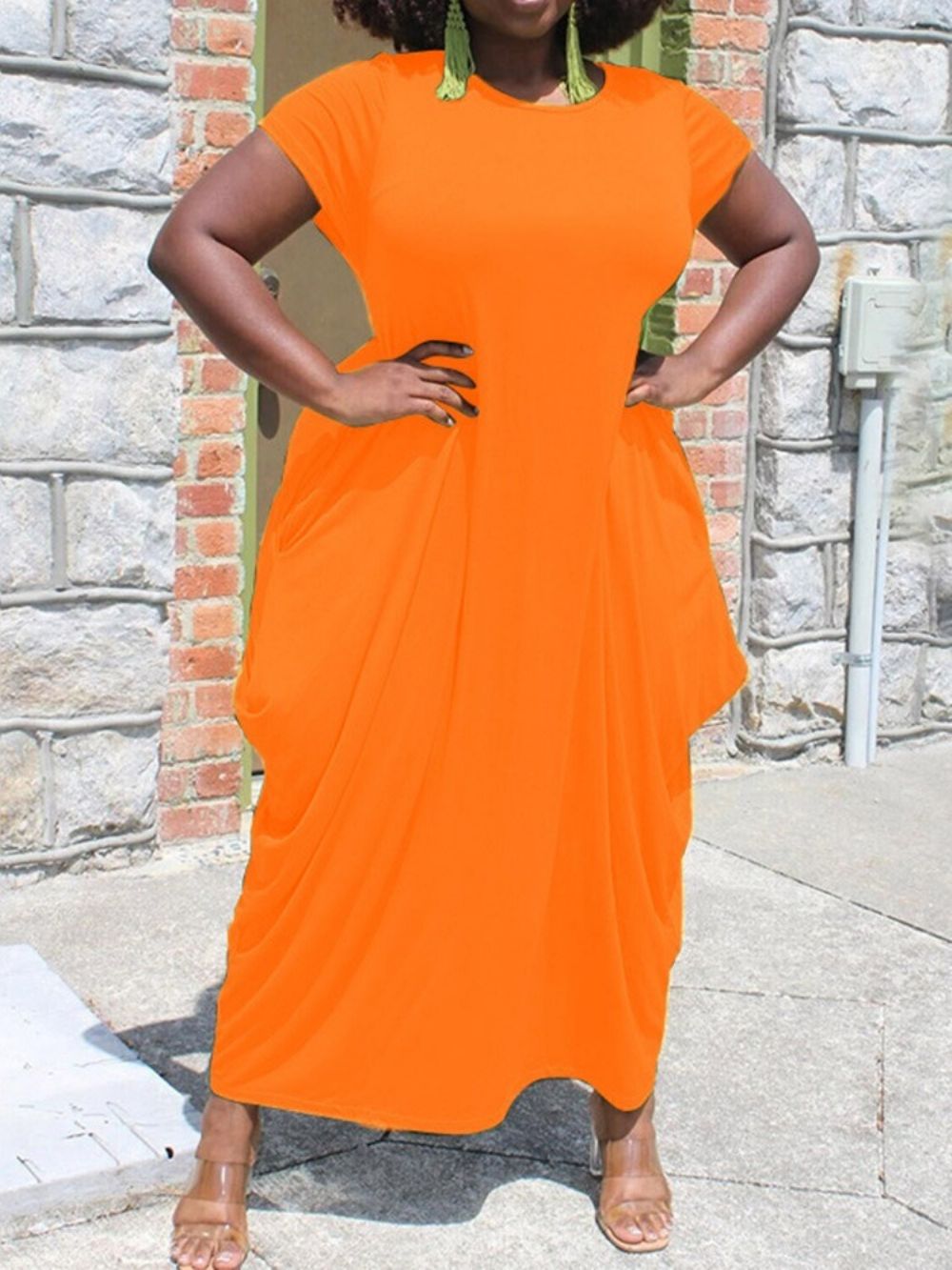 Vestido De Outono Manga Curta Com Bolso E Gola Redonda