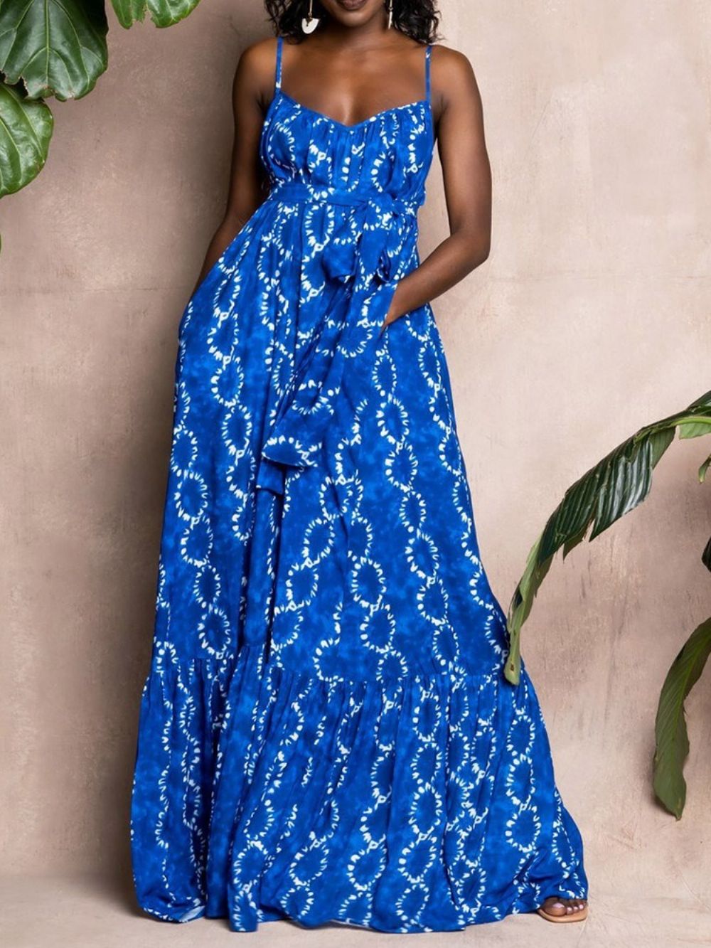 Vestido Sem Mangas Patchwork Até O Chão Casual Com Alça De Espaguete Maxi Vestido Plus Size