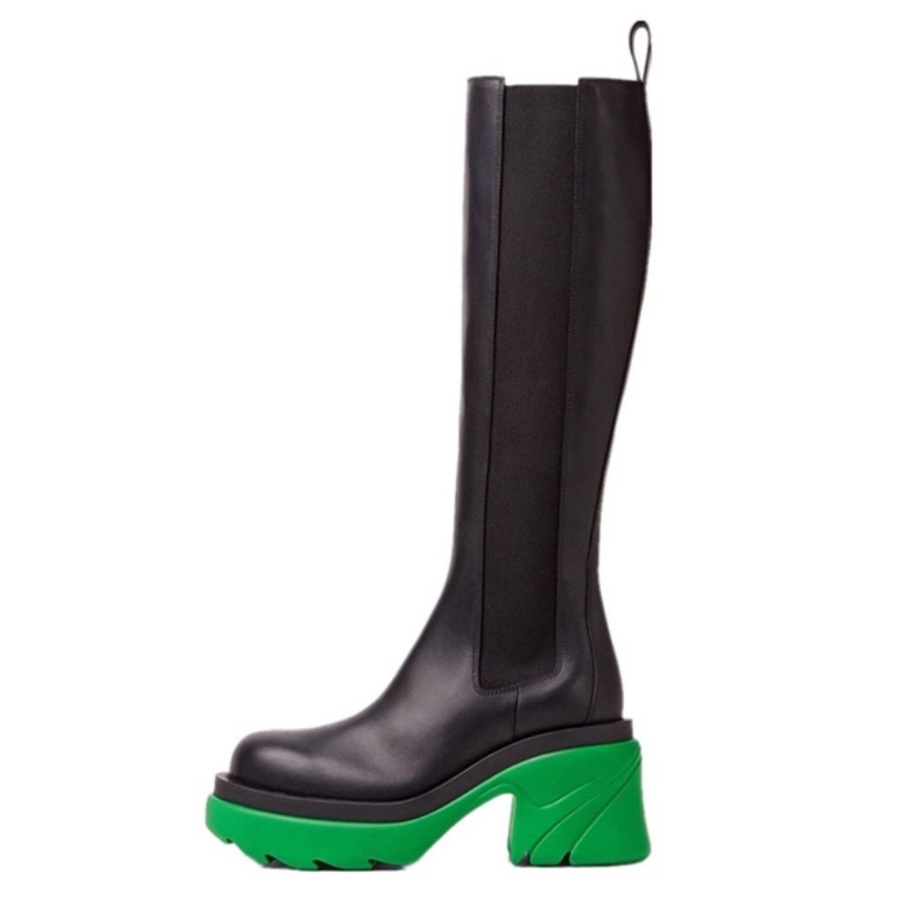 Botas De Plataforma Elástica Com Bico Redondo Color Block
