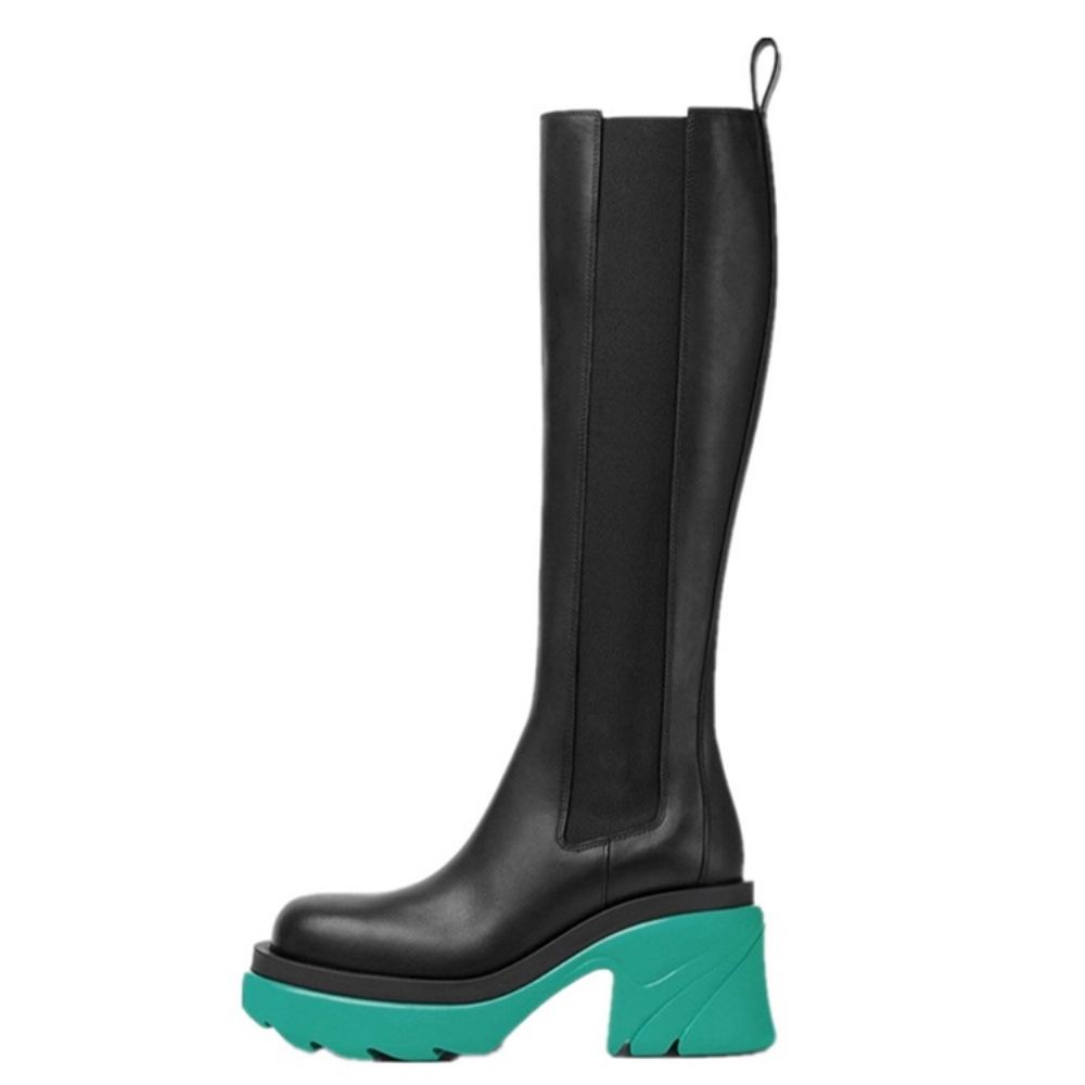 Botas De Plataforma Elástica Com Bico Redondo Color Block