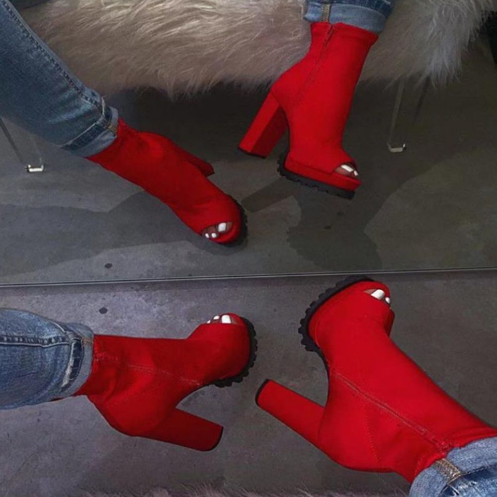 Botas Femininas Com Zíper Lateral Salto Grosso Peep Toe Rosca
