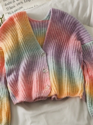 Suéter De Outono Curto Regular Tie-Dye De Abotoamento Único