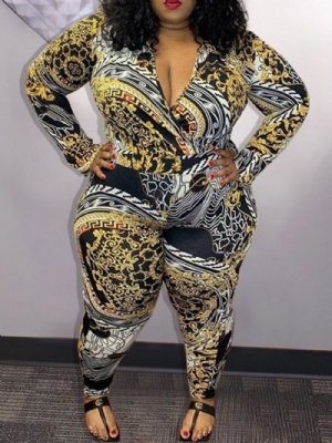 Macacão De Cintura Alta Com Estampa Colorida Plus Size Color Block Com Estampa De Corpo Inteiro