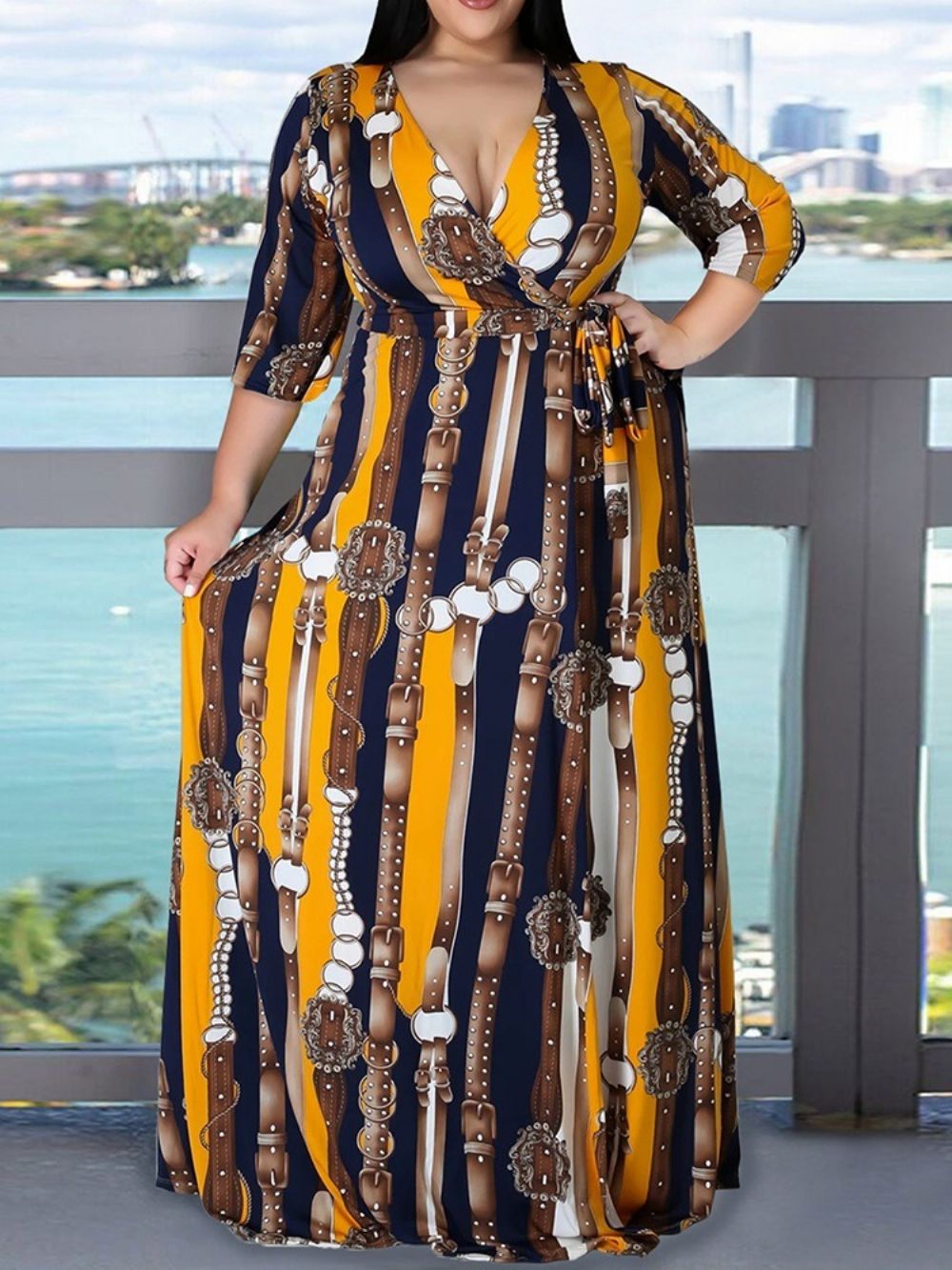 Vestido Manga Três Quartos Com Decote Em V Até O Chão