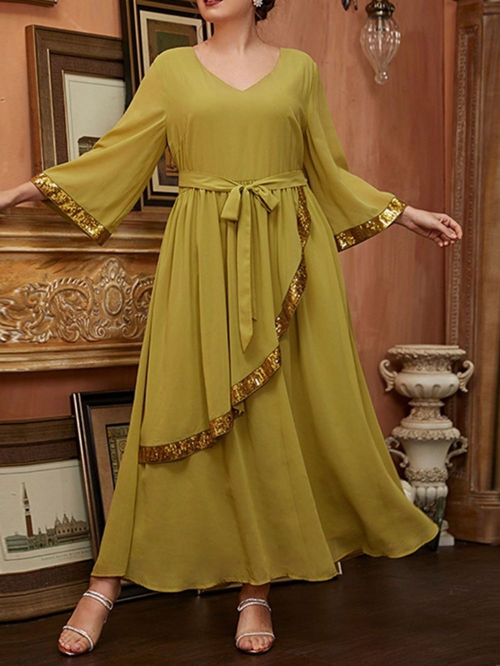 Vestido Pulôver Plus Size Com Manga De Nove Pontos De Comprimento No Tornozelo Falbala