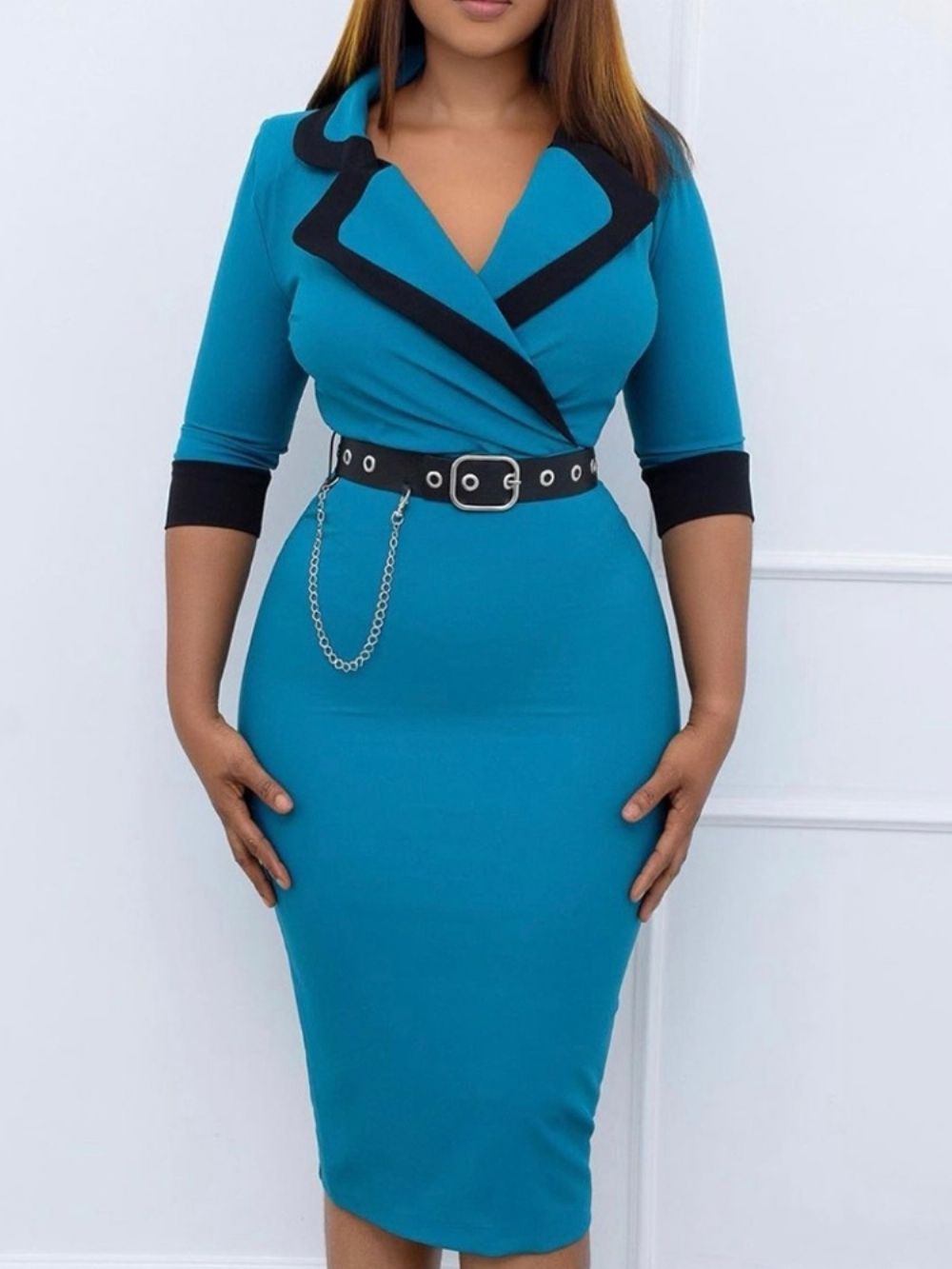 Vestido Bodycon Color Block Manga Três Quartos Patchwork Meia-Bezerro