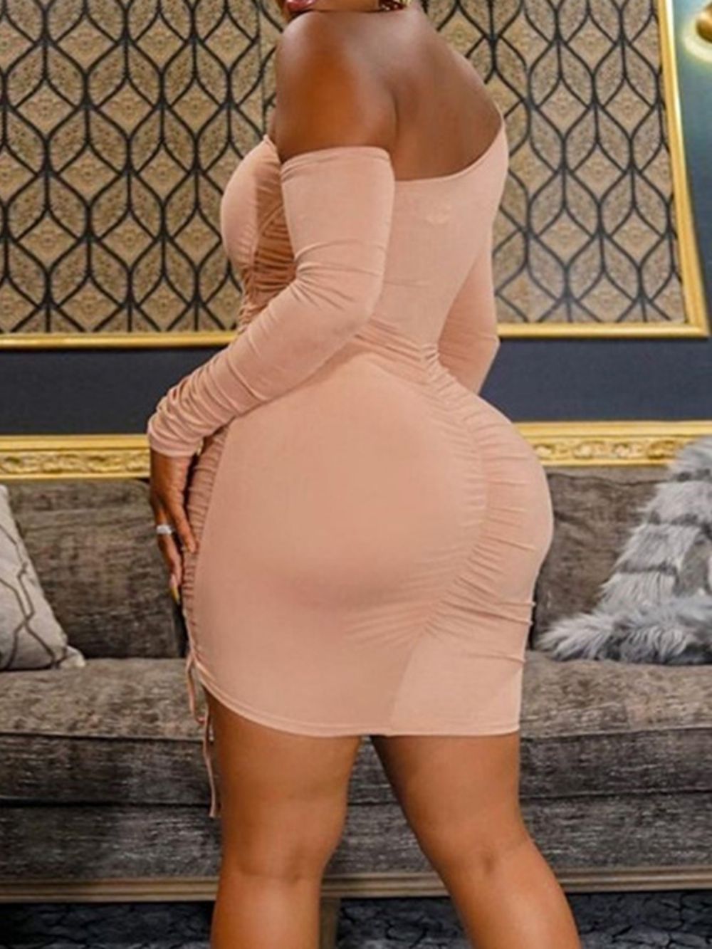 Vestido De Cintura Alta Regular Plissado Manga Longa Acima Do Joelho