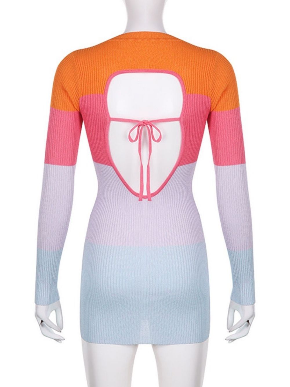 Vestido Gola Redonda Patchwork Manga Longa Regular Color Block Bodycon Bodycon