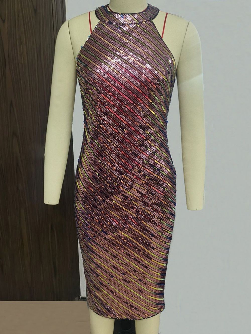 Vestido De Lantejoulas Na Altura Do Joelho Sem Mangas Cintura Média Verão Bodycon