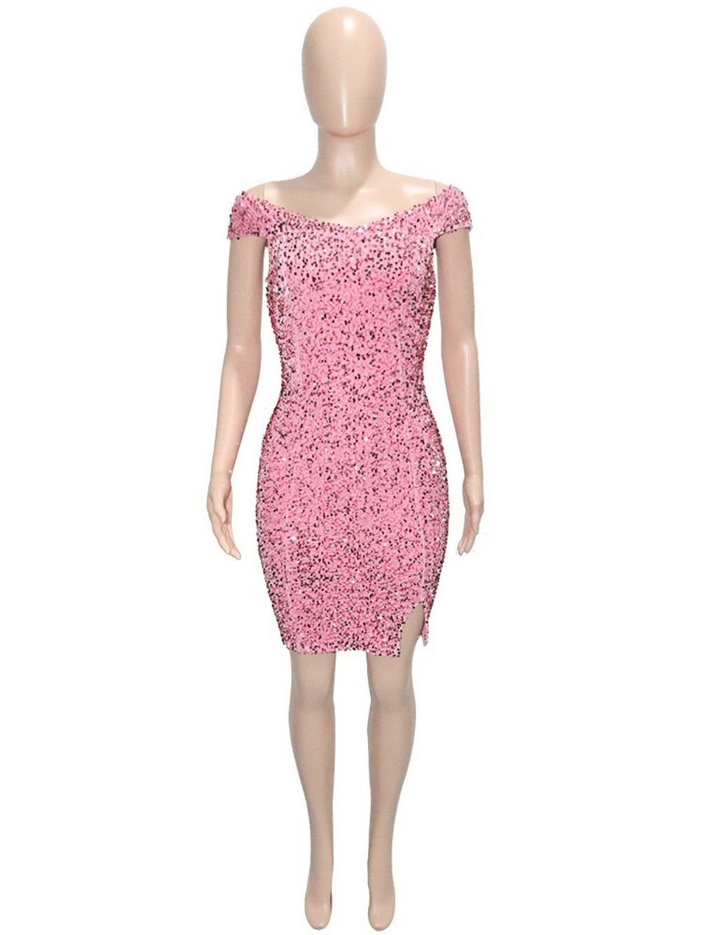 Vestido De Moda Liso Com Lantejoulas Acima Do Joelho E Manga Curta