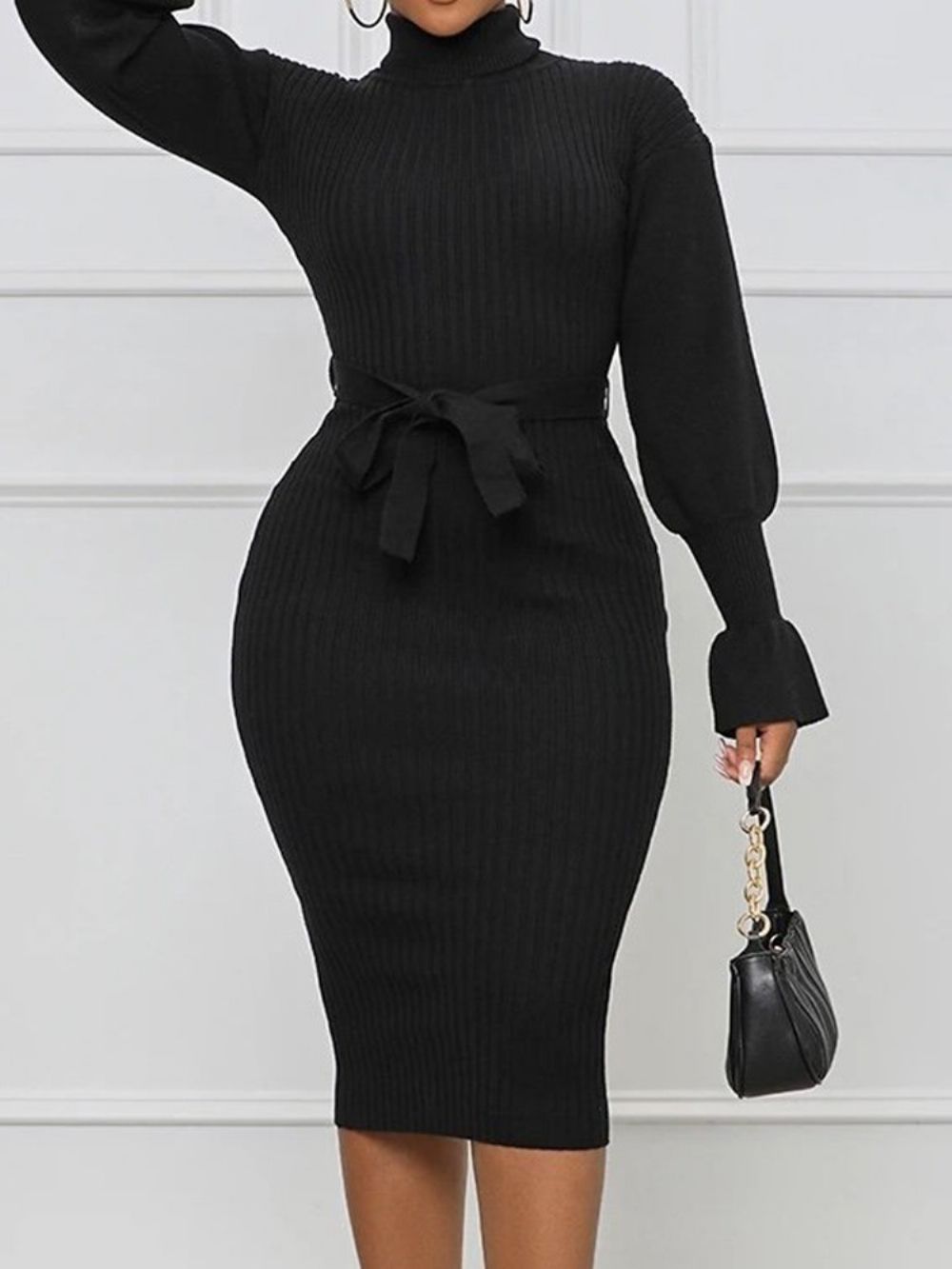 Vestido De Outono Fashion De Manga Longa Com Gola Alta E Meia Panturrilha