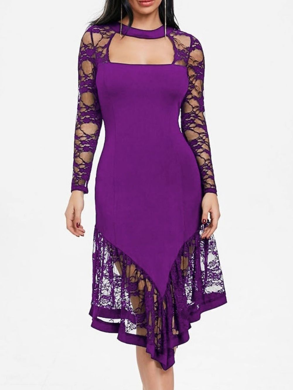 Vestido De Outono Liso Com Decote Redondo E Meio Da Panturrilha Oco