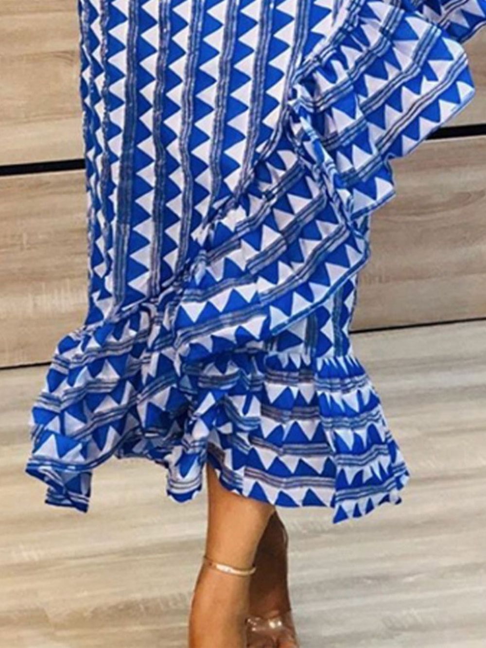Vestido De Sereia Geométrico Falbala Manga Longa Meia Panturrilha