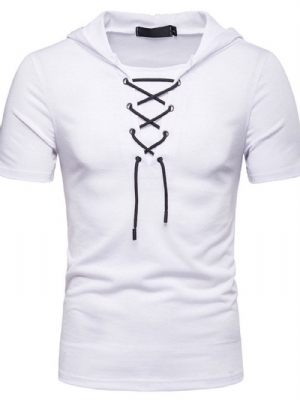 Camiseta Masculina Simples Com Capuz E Amarração Manga Curta